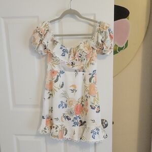 Saints + Secrets Floral Dress with Puff Sleeves crochet trim ribbed sides szSm